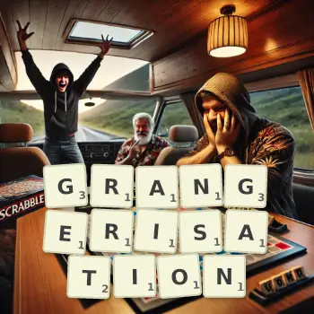 Creative illustration for a Scrabble game with the word GRANGERISATION spelled out in tiles on the board.