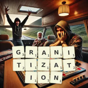 Creative illustration for a Scrabble game with the word GRANITIZATION spelled out in tiles on the board.