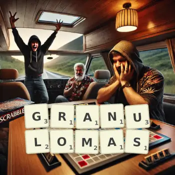 Creative illustration for a Scrabble game with the word GRANULOMAS spelled out in tiles on the board.