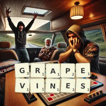 Creative illustration for a Scrabble game with the word GRAPEVINES spelled out in tiles on the board.