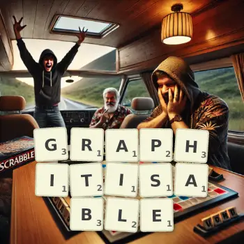 Creative illustration for a Scrabble game with the word GRAPHITISABLE spelled out in tiles on the board.