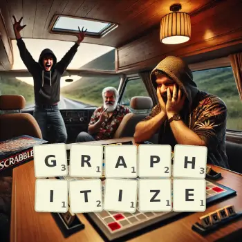Creative illustration for a Scrabble game with the word GRAPHITIZE spelled out in tiles on the board.