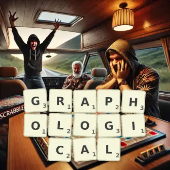Creative illustration for a Scrabble game with the word GRAPHOLOGICAL spelled out in tiles on the board.