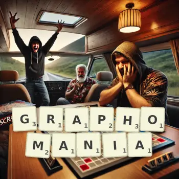 Creative illustration for a Scrabble game with the word GRAPHOMANIA spelled out in tiles on the board.