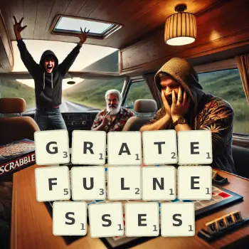Creative illustration for a Scrabble game with the word GRATEFULNESSES spelled out in tiles on the board.