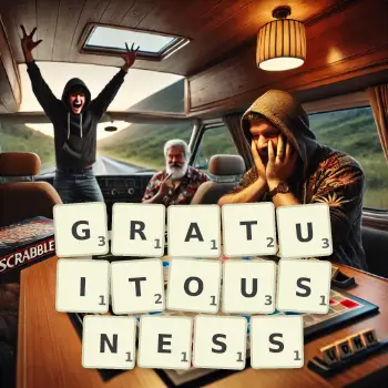 Creative illustration for a Scrabble game with the word GRATUITOUSNESS spelled out in tiles on the board.
