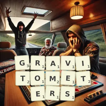 Creative illustration for a Scrabble game with the word GRAVITOMETERS spelled out in tiles on the board.