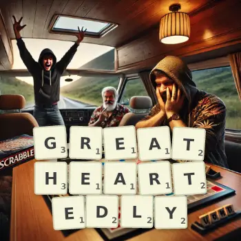 Creative illustration for a Scrabble game with the word GREATHEARTEDLY spelled out in tiles on the board.