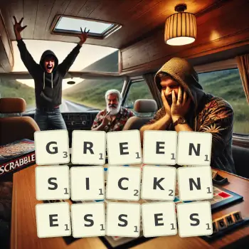 Creative illustration for a Scrabble game with the word GREENSICKNESSES spelled out in tiles on the board.