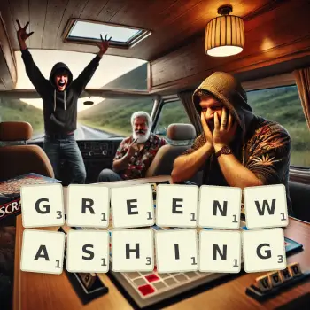 Creative illustration for a Scrabble game with the word GREENWASHING spelled out in tiles on the board.