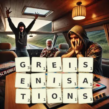 Creative illustration for a Scrabble game with the word GREISENISATIONS spelled out in tiles on the board.