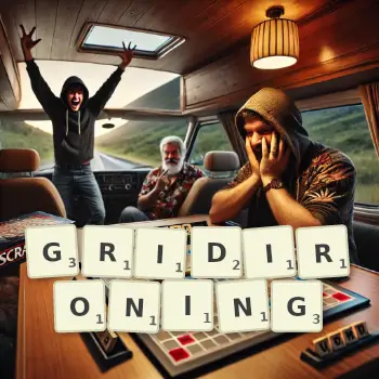 Creative illustration for a Scrabble game with the word GRIDIRONING spelled out in tiles on the board.