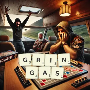 Creative illustration for a Scrabble game with the word GRINGAS spelled out in tiles on the board.