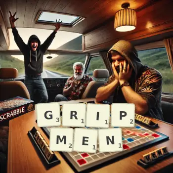 Creative illustration for a Scrabble game with the word GRIPMEN spelled out in tiles on the board.