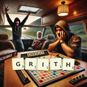Creative illustration for a Scrabble game with the word GRITH spelled out in tiles on the board.