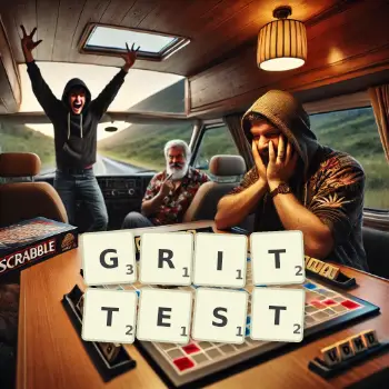 Creative illustration for a Scrabble game with the word GRITTEST spelled out in tiles on the board.