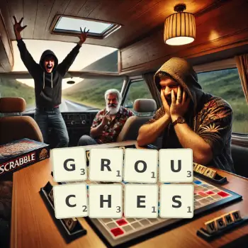 Creative illustration for a Scrabble game with the word GROUCHES spelled out in tiles on the board.