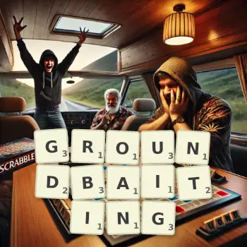 Creative illustration for a Scrabble game with the word GROUNDBAITING spelled out in tiles on the board.