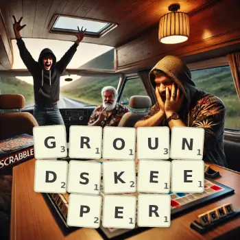 Creative illustration for a Scrabble game with the word GROUNDSKEEPER spelled out in tiles on the board.