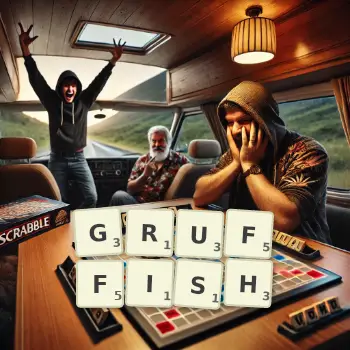 Creative illustration for a Scrabble game with the word GRUFFISH spelled out in tiles on the board.