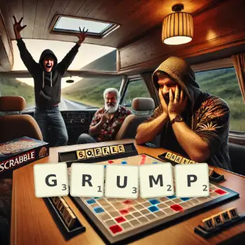 Creative illustration for a Scrabble game with the word GRUMP spelled out in tiles on the board.