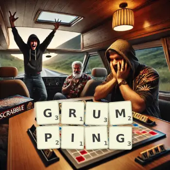 Creative illustration for a Scrabble game with the word GRUMPING spelled out in tiles on the board.