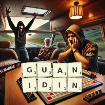 Creative illustration for a Scrabble game with the word GUANIDIN spelled out in tiles on the board.