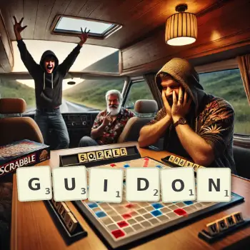 Creative illustration for a Scrabble game with the word GUIDON spelled out in tiles on the board.