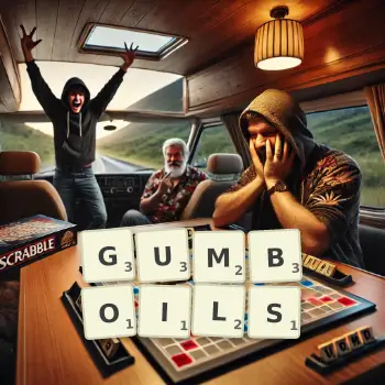 Creative illustration for a Scrabble game with the word GUMBOILS spelled out in tiles on the board.