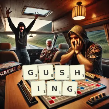 Creative illustration for a Scrabble game with the word GUSHING spelled out in tiles on the board.