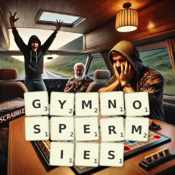 Creative illustration for a Scrabble game with the word GYMNOSPERMIES spelled out in tiles on the board.