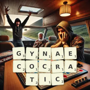 Creative illustration for a Scrabble game with the word GYNAECOCRATIC spelled out in tiles on the board.
