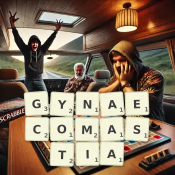 Creative illustration for a Scrabble game with the word GYNAECOMASTIA spelled out in tiles on the board.