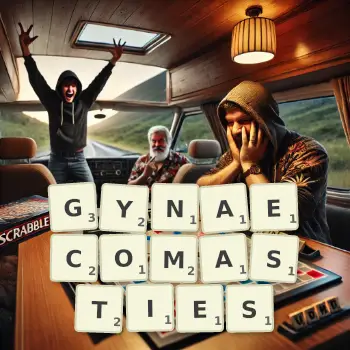 Creative illustration for a Scrabble game with the word GYNAECOMASTIES spelled out in tiles on the board.