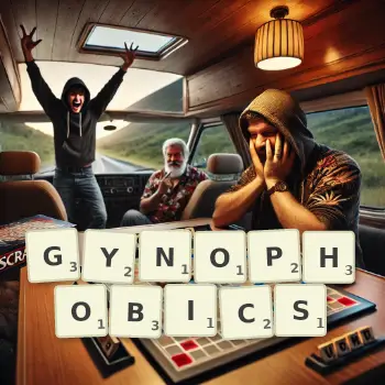 Creative illustration for a Scrabble game with the word GYNOPHOBICS spelled out in tiles on the board.
