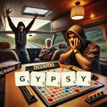 Creative illustration for a Scrabble game with the word GYPSY spelled out in tiles on the board.
