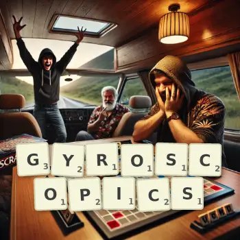 Creative illustration for a Scrabble game with the word GYROSCOPICS spelled out in tiles on the board.