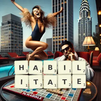 Creative illustration for a Scrabble game with the word HABILITATE spelled out in tiles on the board.