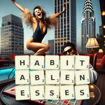 Creative illustration for a Scrabble game with the word HABITABLENESSES spelled out in tiles on the board.