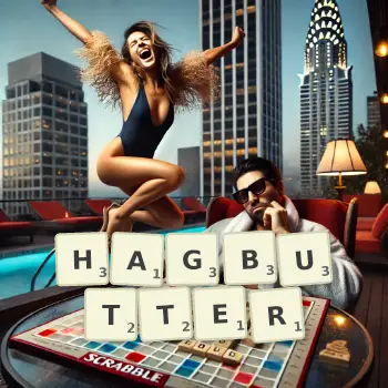 Creative illustration for a Scrabble game with the word HAGBUTTER spelled out in tiles on the board.