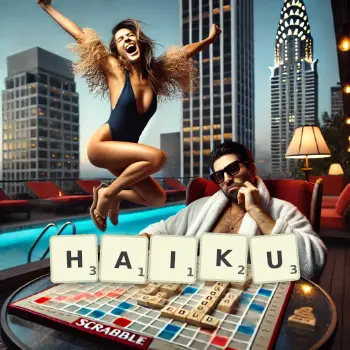 Creative illustration for a Scrabble game with the word HAIKU spelled out in tiles on the board.
