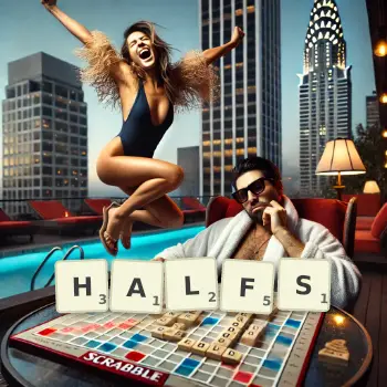 Creative illustration for a Scrabble game with the word HALFS spelled out in tiles on the board.