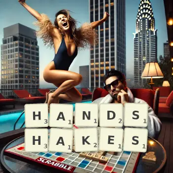 Creative illustration for a Scrabble game with the word HANDSHAKES spelled out in tiles on the board.