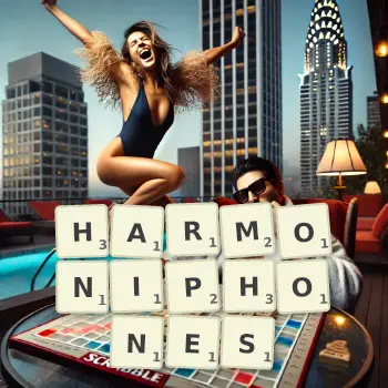 Creative illustration for a Scrabble game with the word HARMONIPHONES spelled out in tiles on the board.