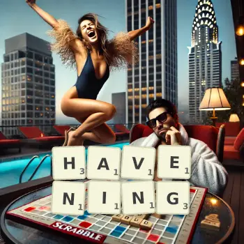 Creative illustration for a Scrabble game with the word HAVENING spelled out in tiles on the board.