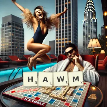 Creative illustration for a Scrabble game with the word HAWM spelled out in tiles on the board.