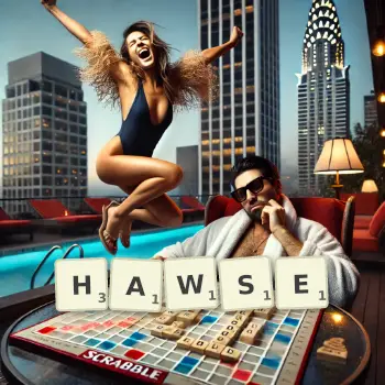 Creative illustration for a Scrabble game with the word HAWSE spelled out in tiles on the board.
