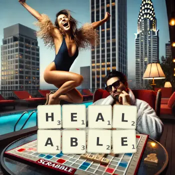 Creative illustration for a Scrabble game with the word HEALABLE spelled out in tiles on the board.