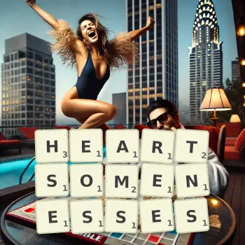 Creative illustration for a Scrabble game with the word HEARTSOMENESSES spelled out in tiles on the board.
