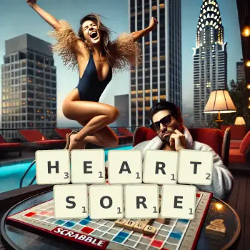 Creative illustration for a Scrabble game with the word HEARTSORE spelled out in tiles on the board.